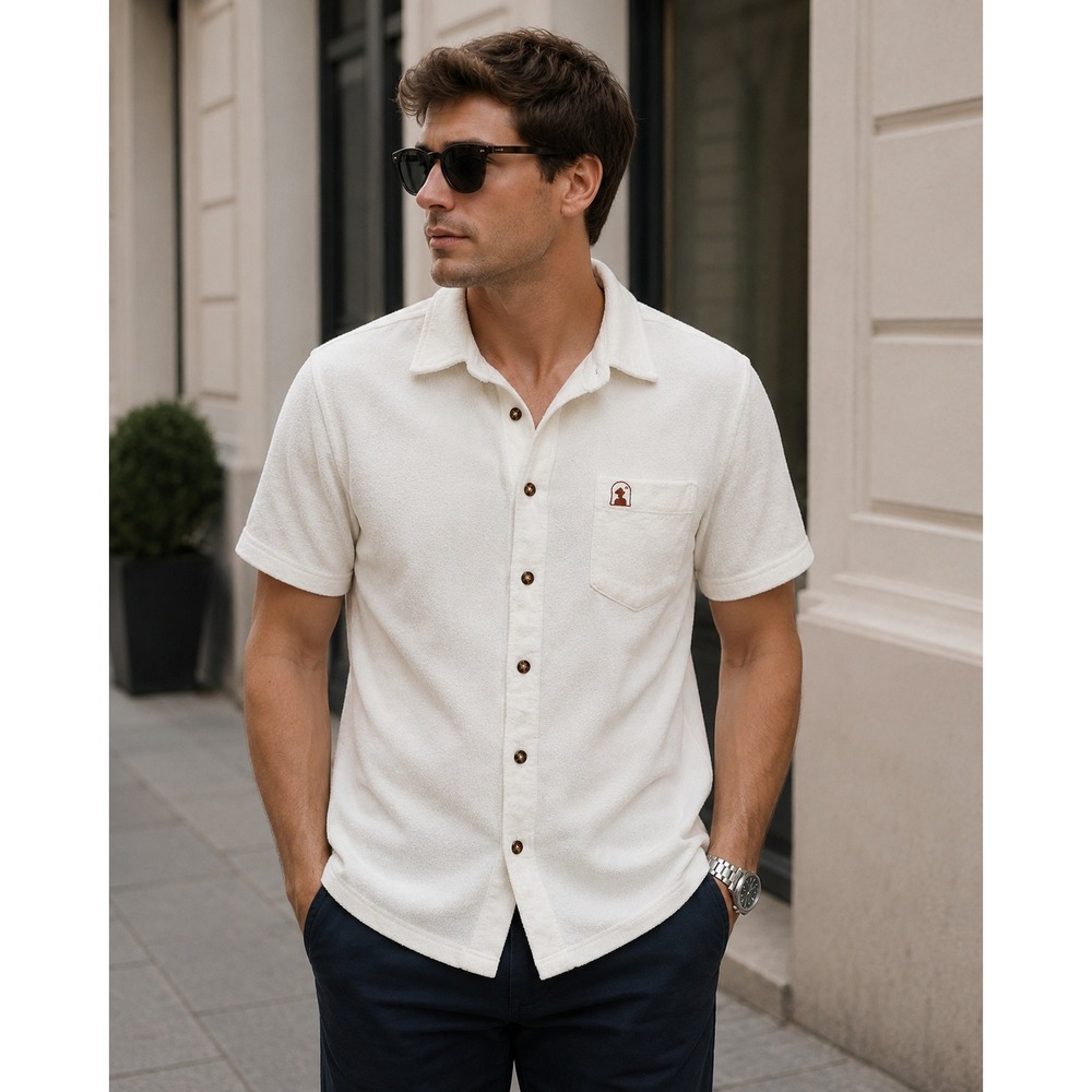 Dandy Del Mar Men's Terry Cloth Shirt M Ivory Button Front Vacation Resort Wear
